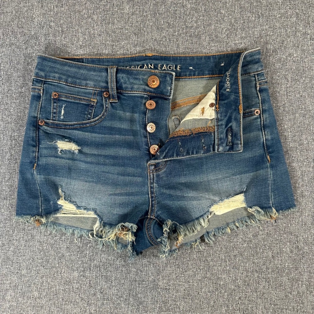 American Eagle Hi-Rise Shortie Denim Shorts Blue Distressed Button Fly‎ Size 4
